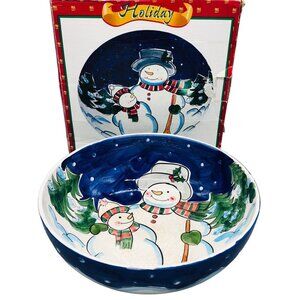 Holiday Ceramic Serving Bowl Snowmen World Bazar Christmas 12" Width READ